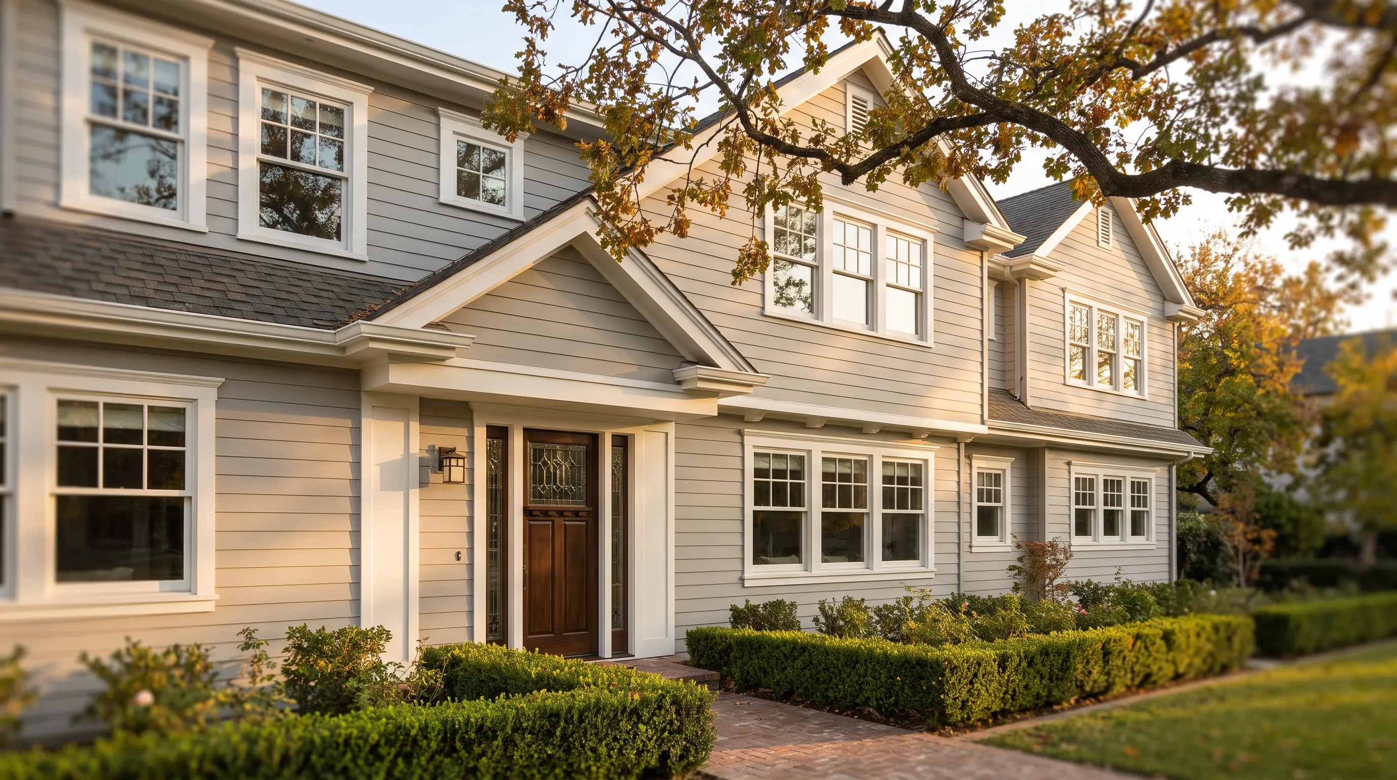 Remodeled two-story home in warm evening light